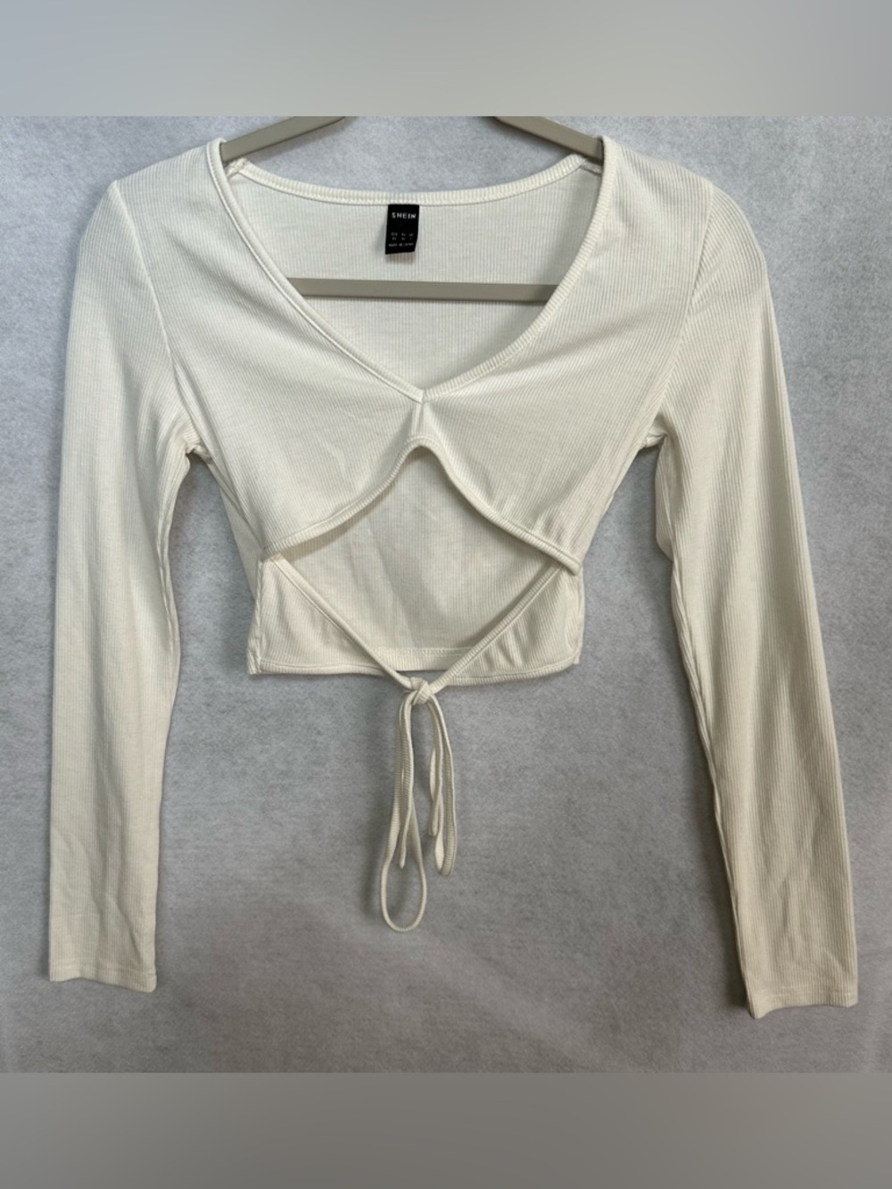 SHEIN Cream Tie-Front Ribbed Long Sleeve Crop Top